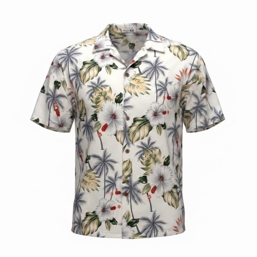 Makani Hawaii Mens 3XL Hawaiian Shirt Short Sleeve Hibiscus Palm Tree Cream